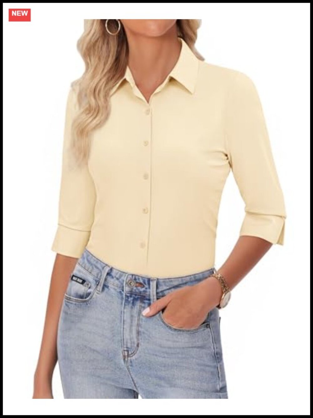 Women's 3/4 Sleeve Stretch Wrinkle Free Button Down Blouse